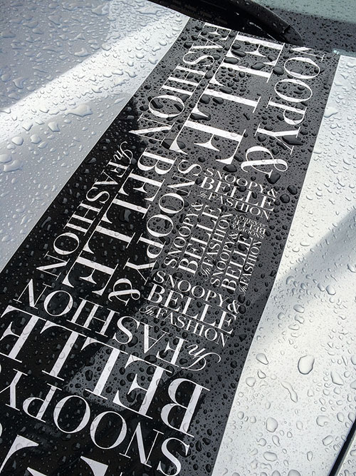 A black poster with white text glued on top of the hood of a silver car. It is covered with rain drops.